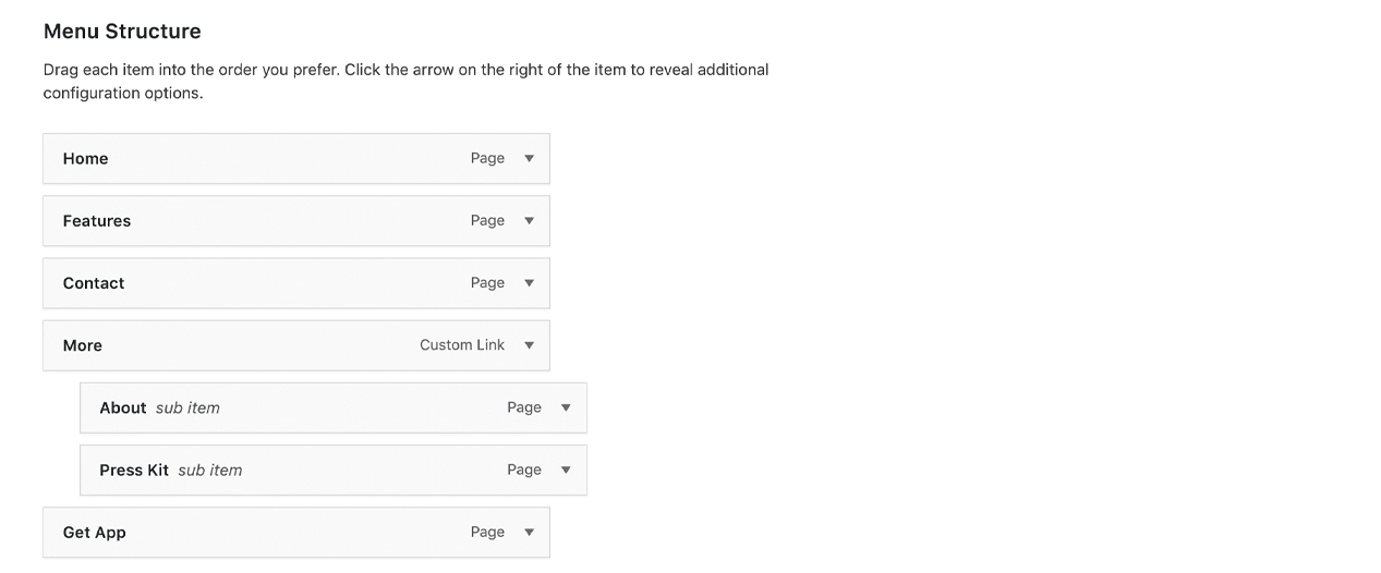 wordpress menu structure